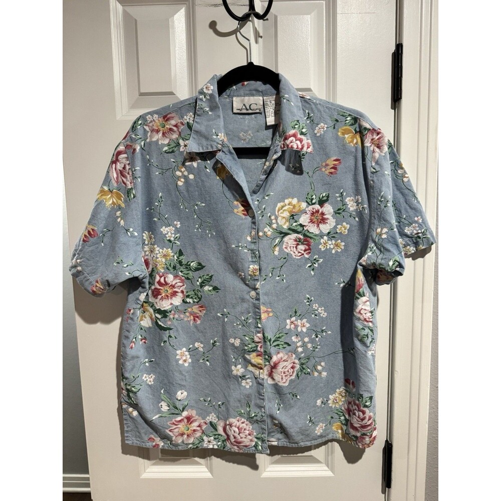 American Collection Blouse Womens Floral Cotton Button-Up Short Sleeve M